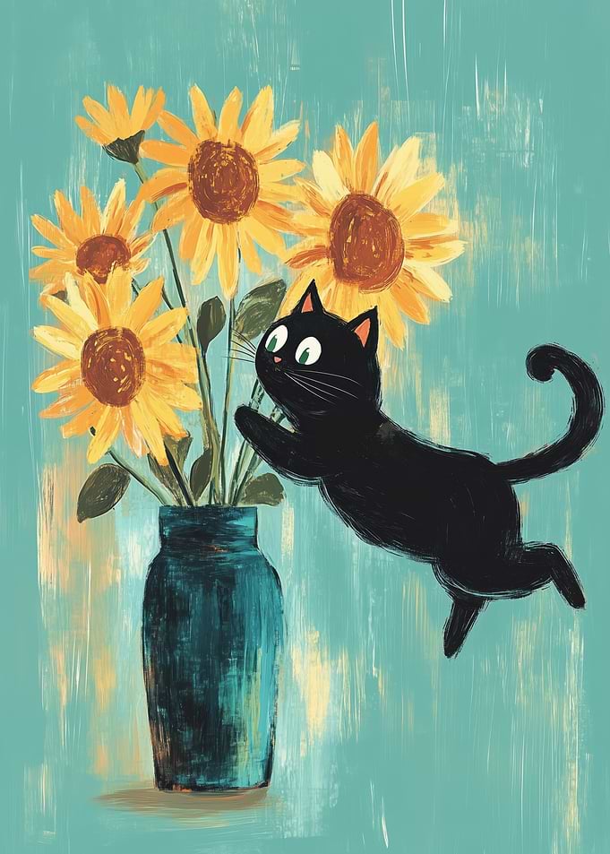 Black Cat and Sunflowers