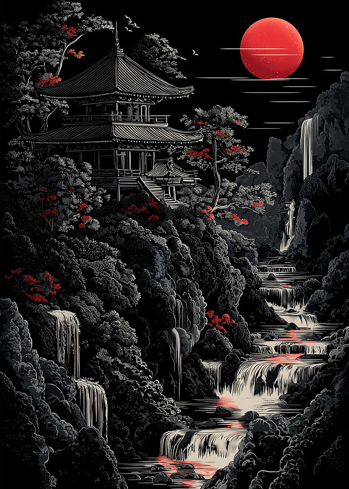 Dark Japanese Temple With Waterfall