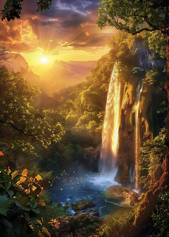 Majestic Waterfall at Sunset Glow