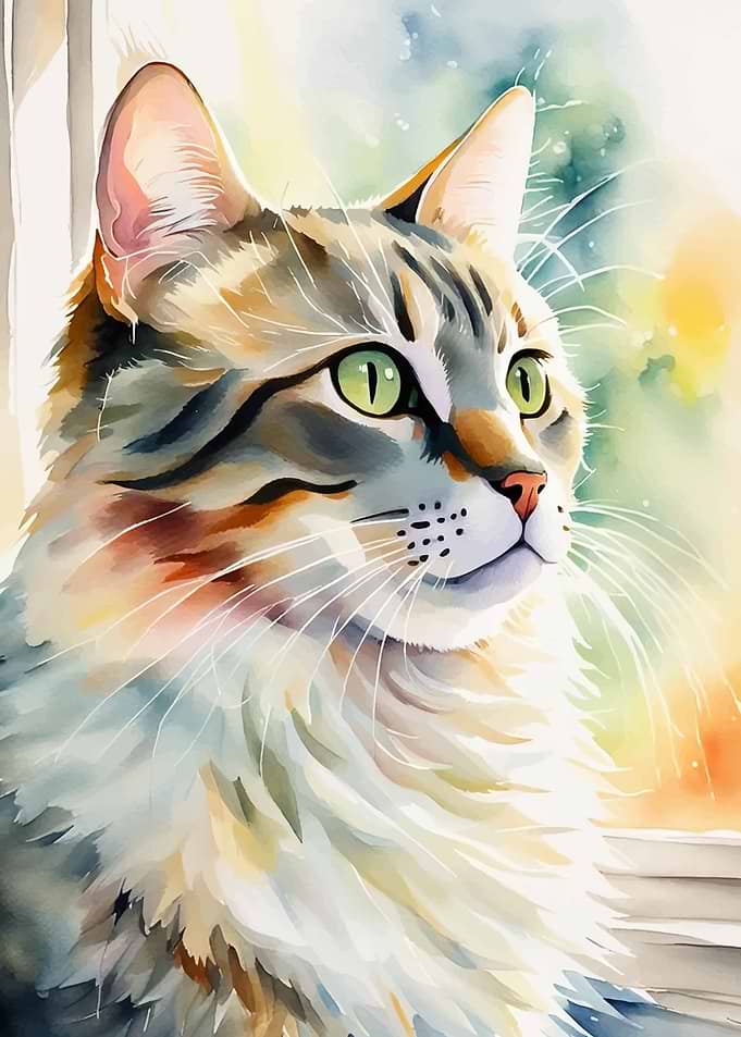 Watercolor Cat Portrait Blissful Cat Whiskers