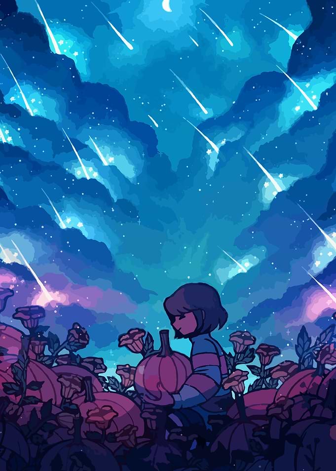 Frisk with Pumpkin Under Shooting Stars