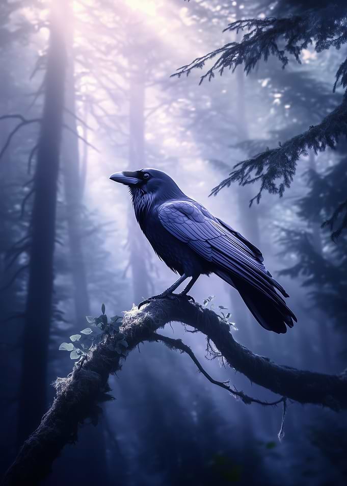 Raven Crow in Misty Forest