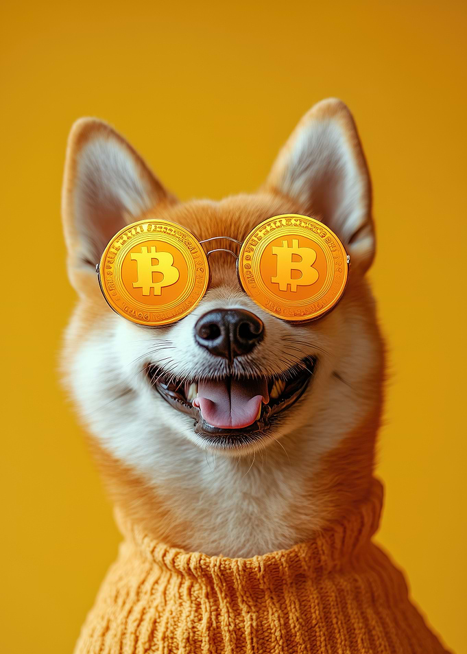 Shiba Inu in Bitcoin Sunglasses & Orange Sweater