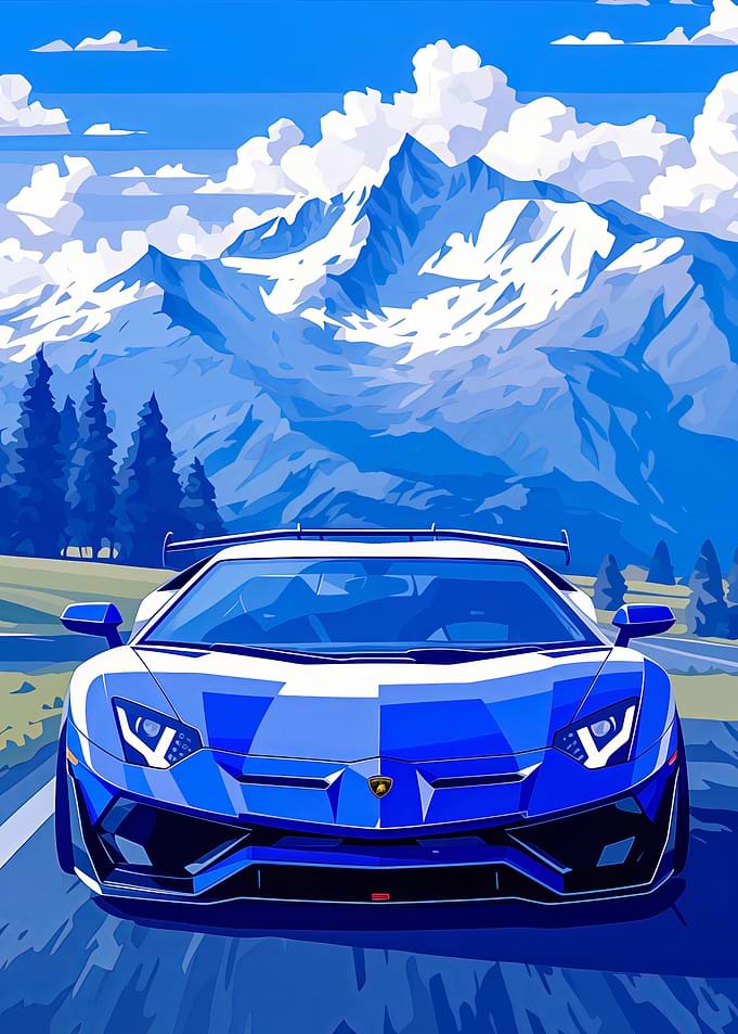 Blue Lamborghini in Mountains