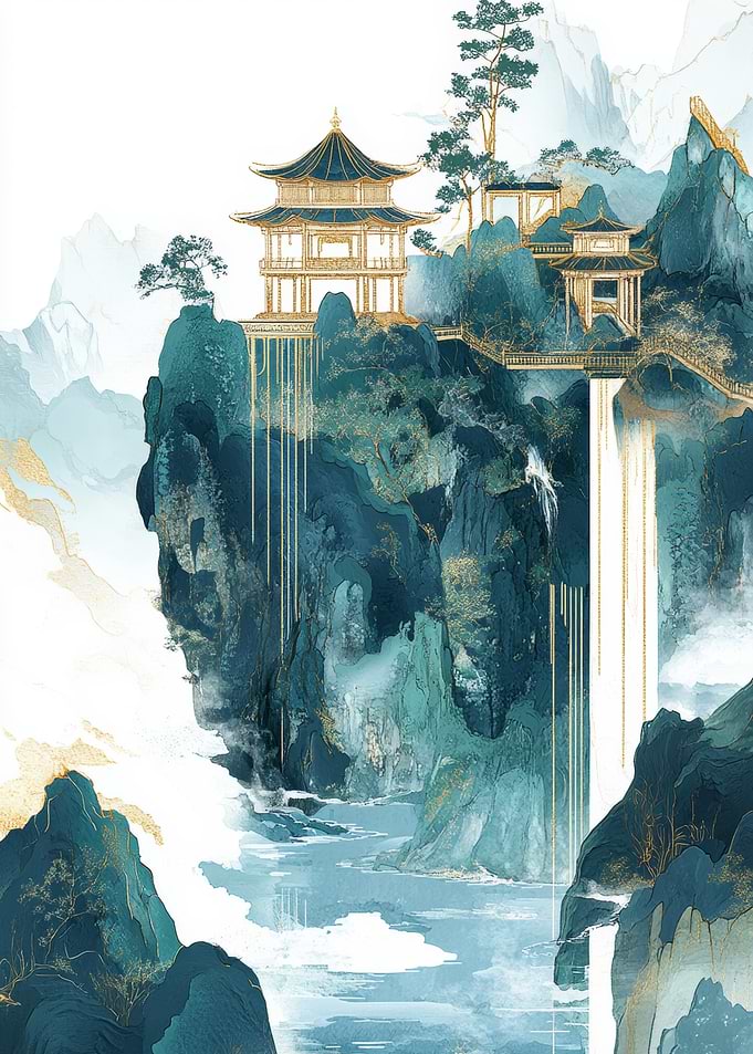 Waterfall Pagoda Landscape
