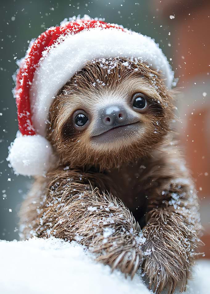 Sloth with Santa Hat in the snow