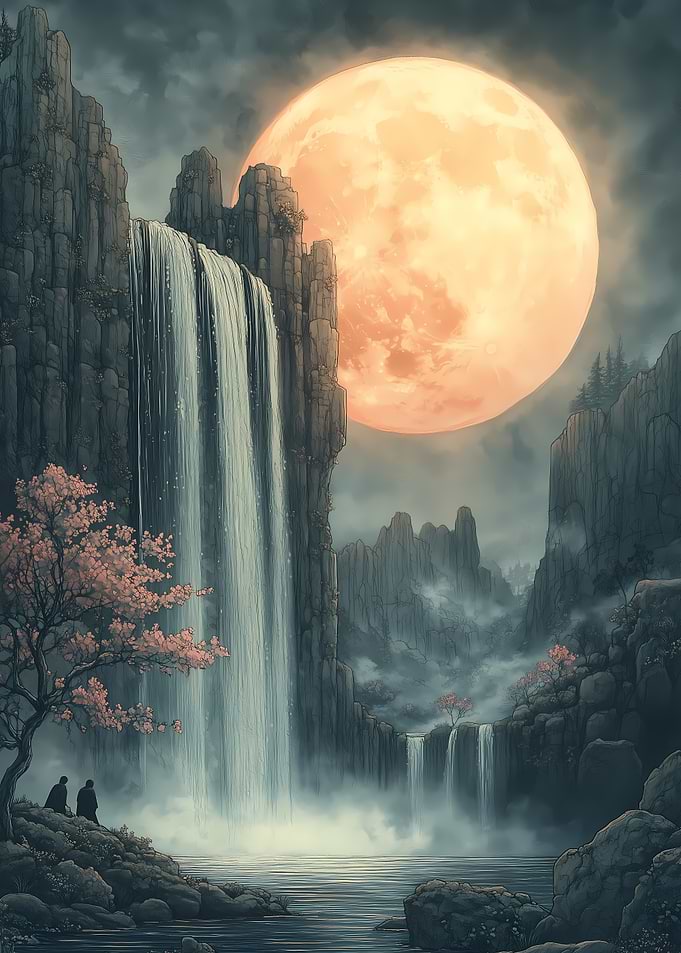 Moonlit Waterfall Japanese Landscape