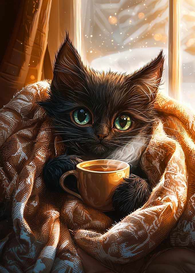 Cozy Cat with Hot Drink