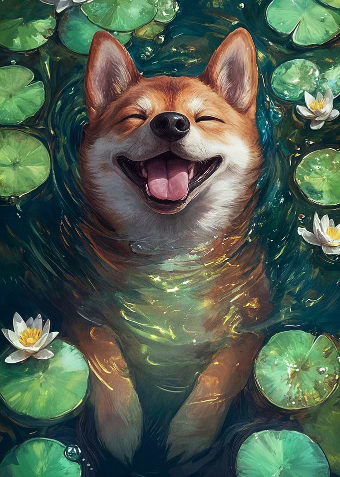 Smiling Dog in Water Lilies