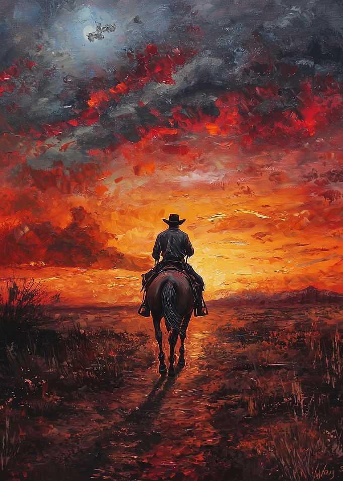 Cowboy Riding into Sunset