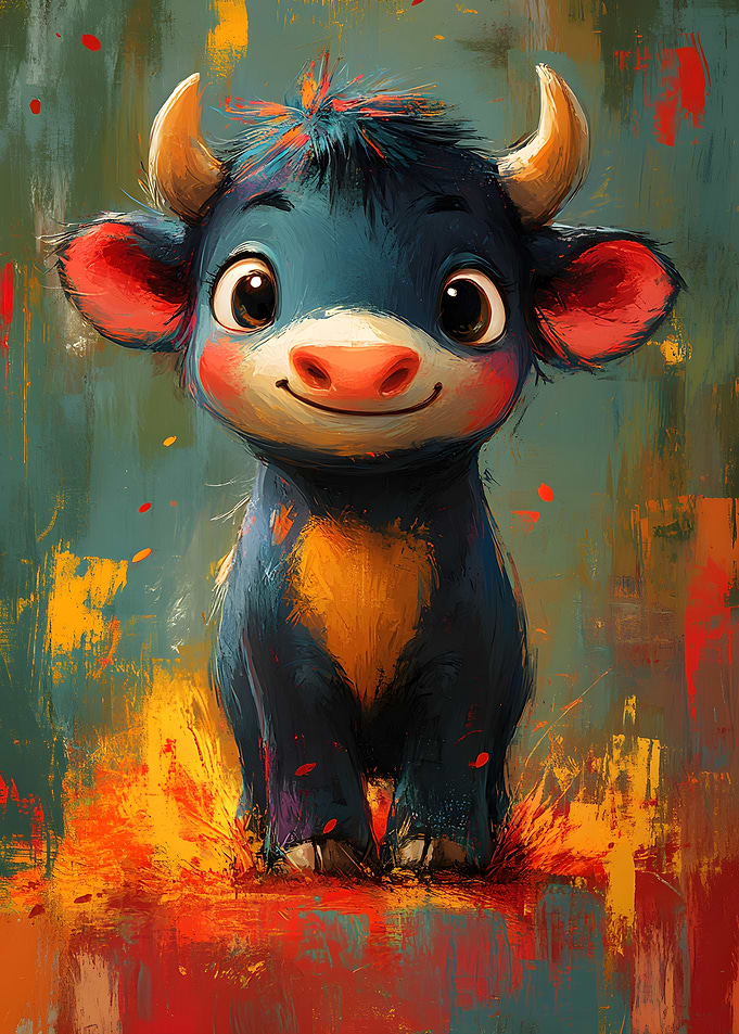 Cute Oil Paint Cartoon Bull