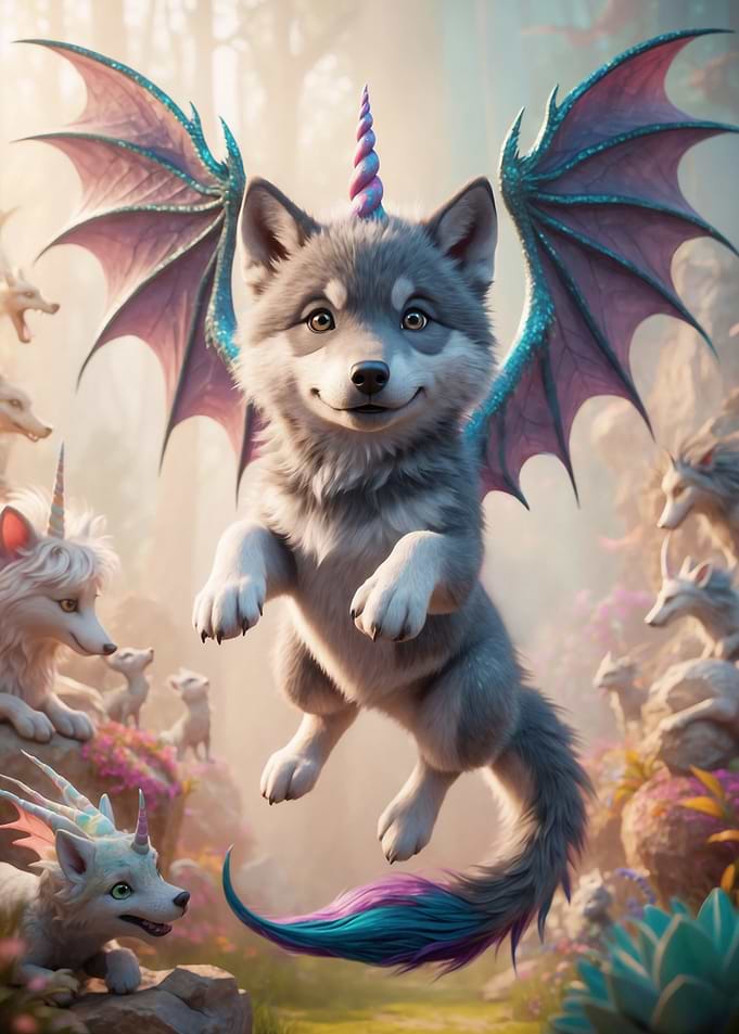 Unicorn Wolf Pup with Dragon Wings