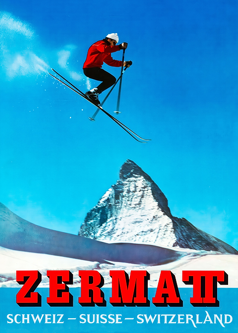 Zermatt Ski Poster — retro travel art printed on metal