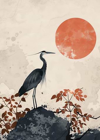 Heron and Red Sun
