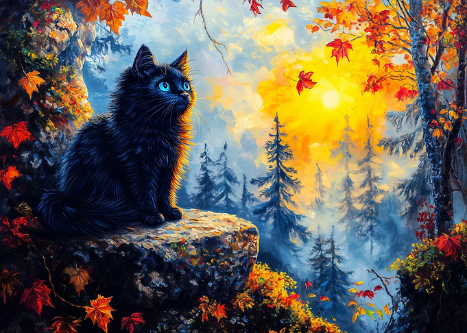 Black Cat in Autumn Forest