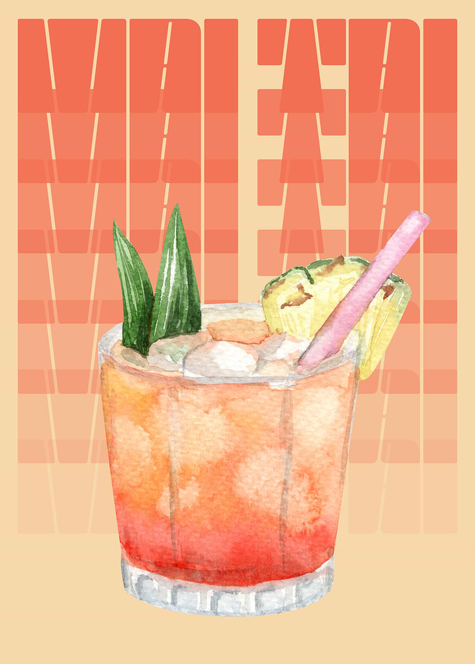 Watercolor Mai Tai Cocktail