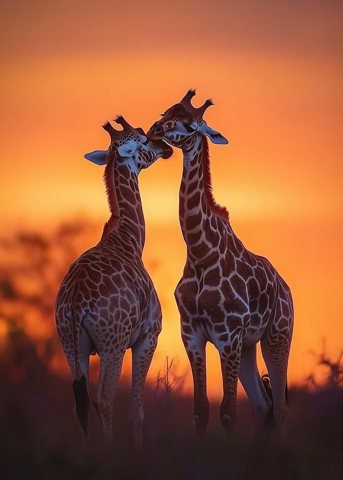 Giraffe Sunset Kiss