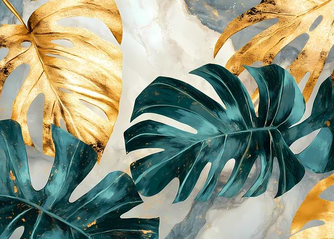 Gold & Teal Tropical Leaves