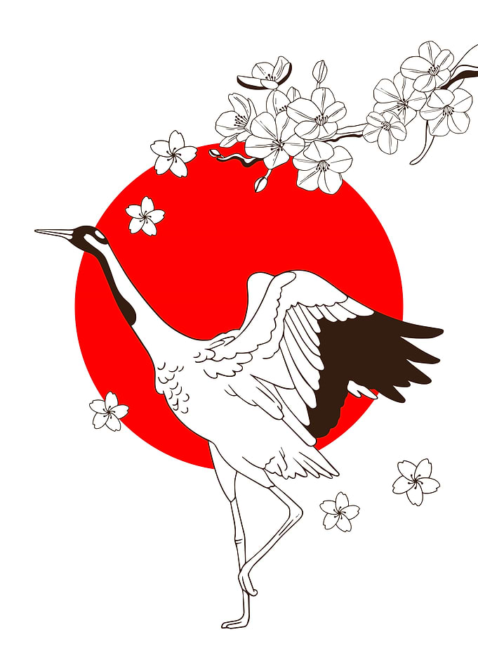 Japanese Crane with Cherry Blossoms