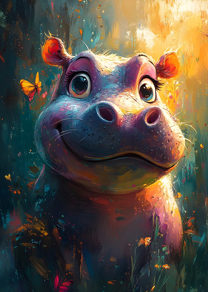 Smiling Hippo with Butterflies