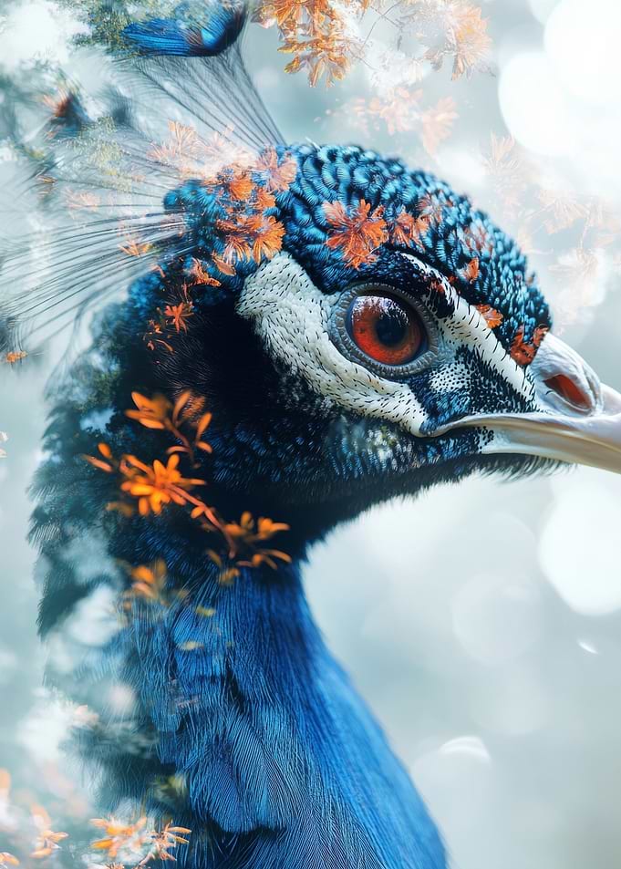 Peacock Portrait with Floral Overlay