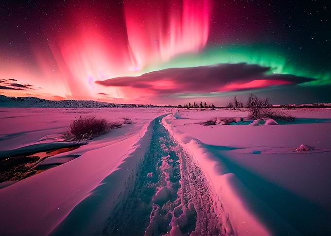 Aurora Borealis over Snowy Path
