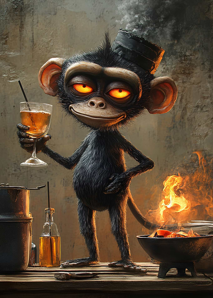 Monkey with Drink and Fire