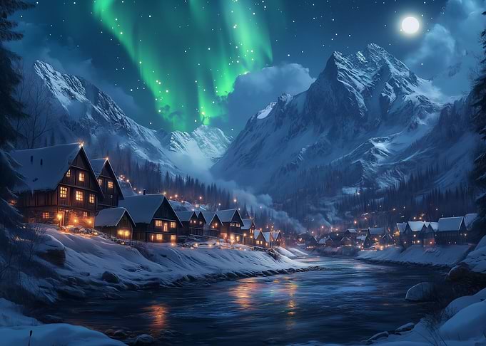 Snowy Village Under Aurora Borealis