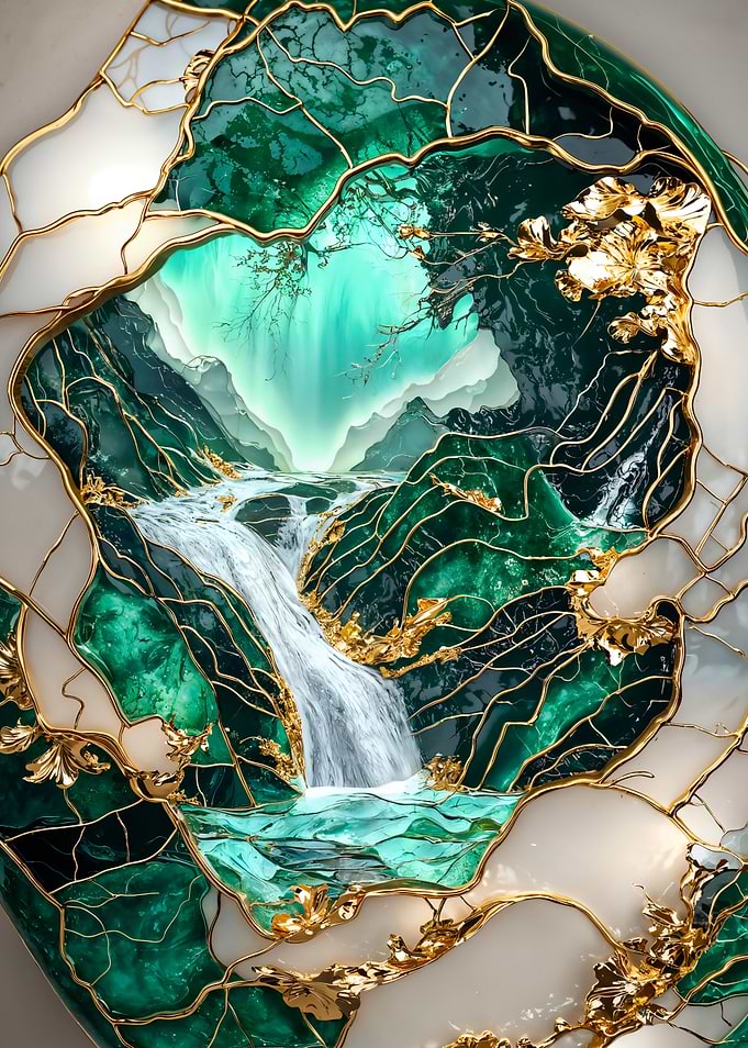 Kintsugi Emerald Waterfall Art