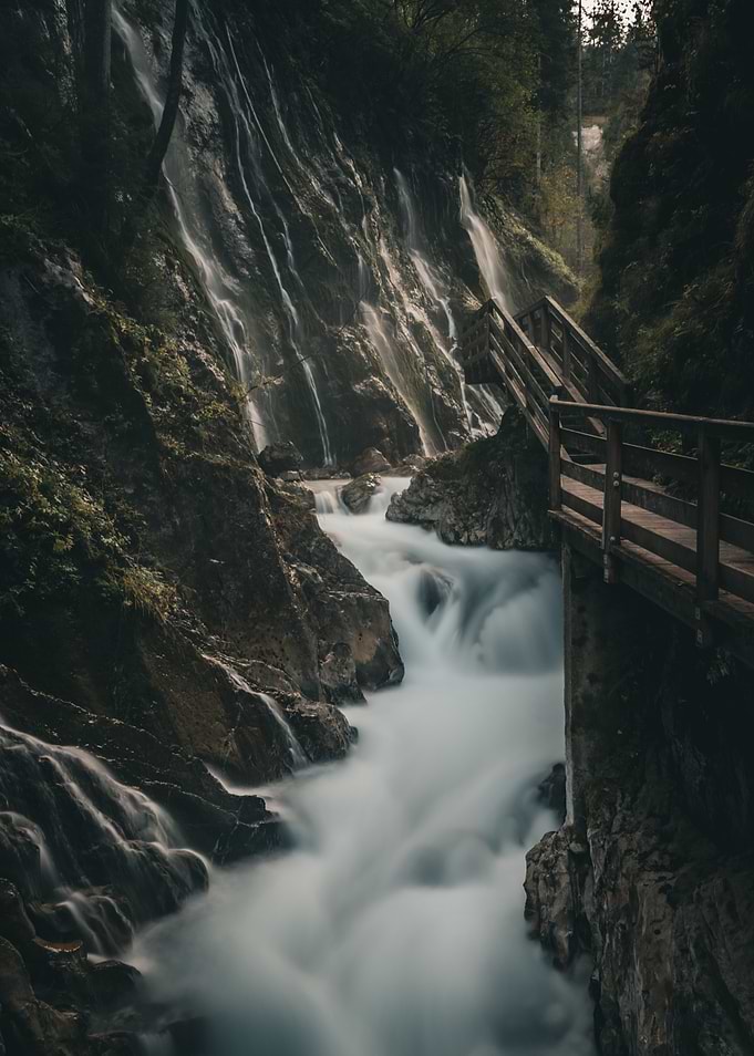Waterfall and Wooden Bridge