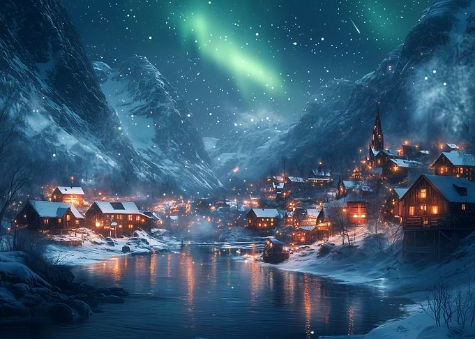 Snowy Village Under Aurora Borealis