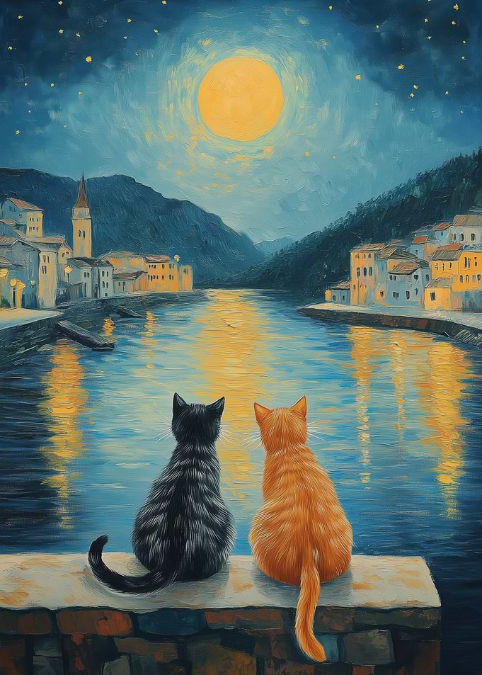 Cats by the Moonlit River