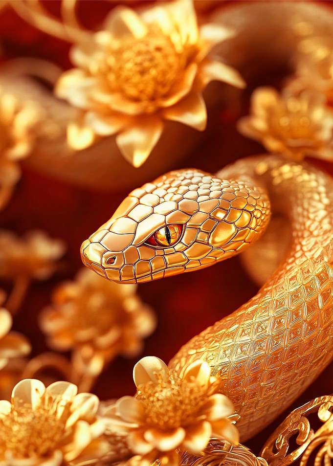 Golden Snake with Flowers