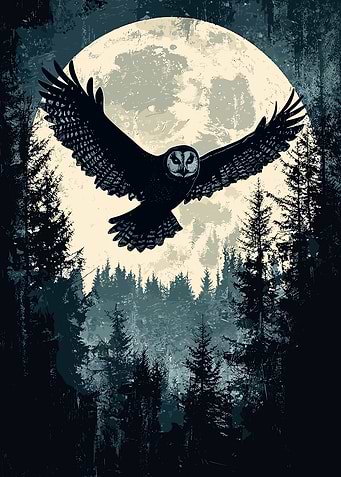 Owl Flying Moonlit Forest