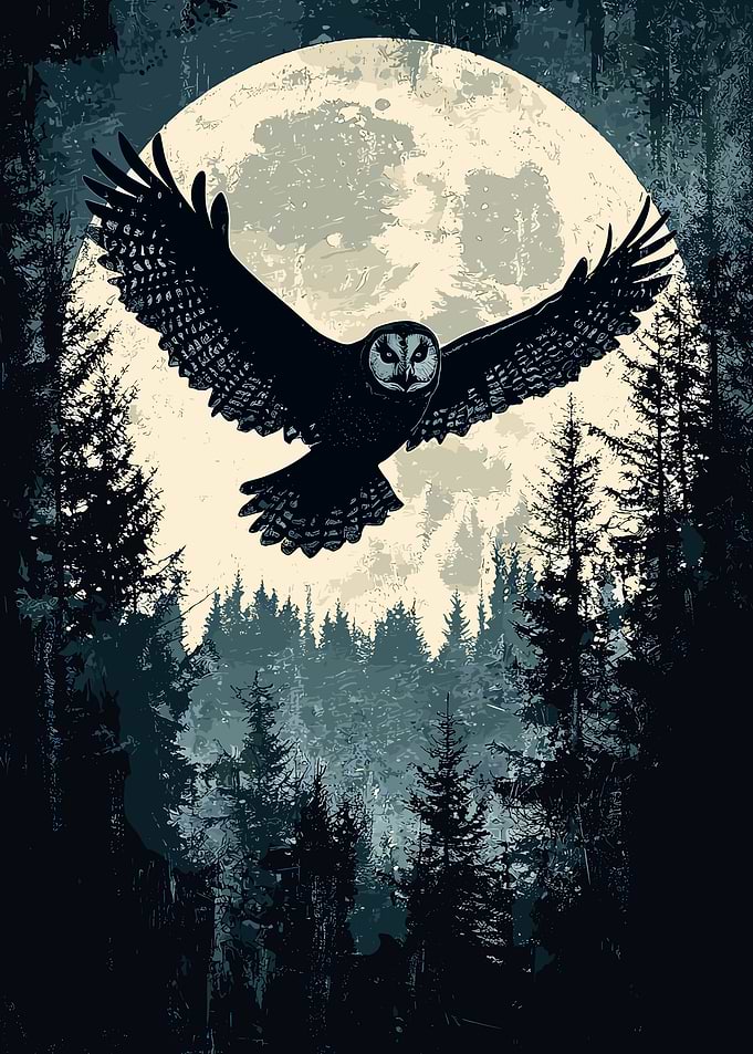 Owl Flying Moonlit Forest