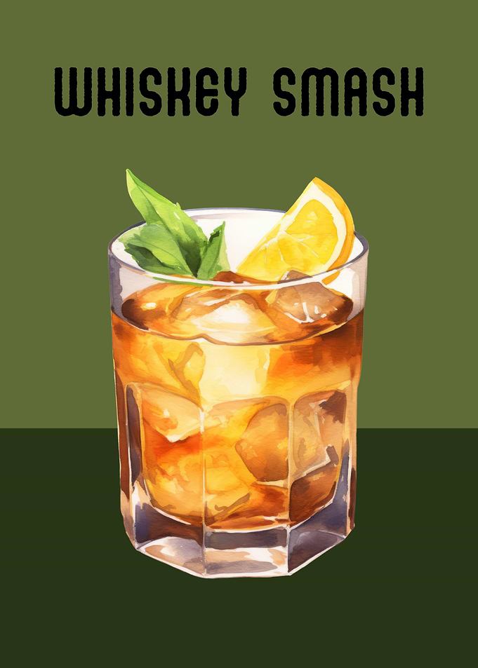 Whiskey Smash Cocktail Poster | Refreshing Bar Wall Art | Whiskey Smash Cocktail