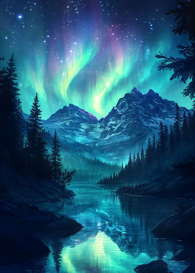 Aurora Borealis Mountain Lake