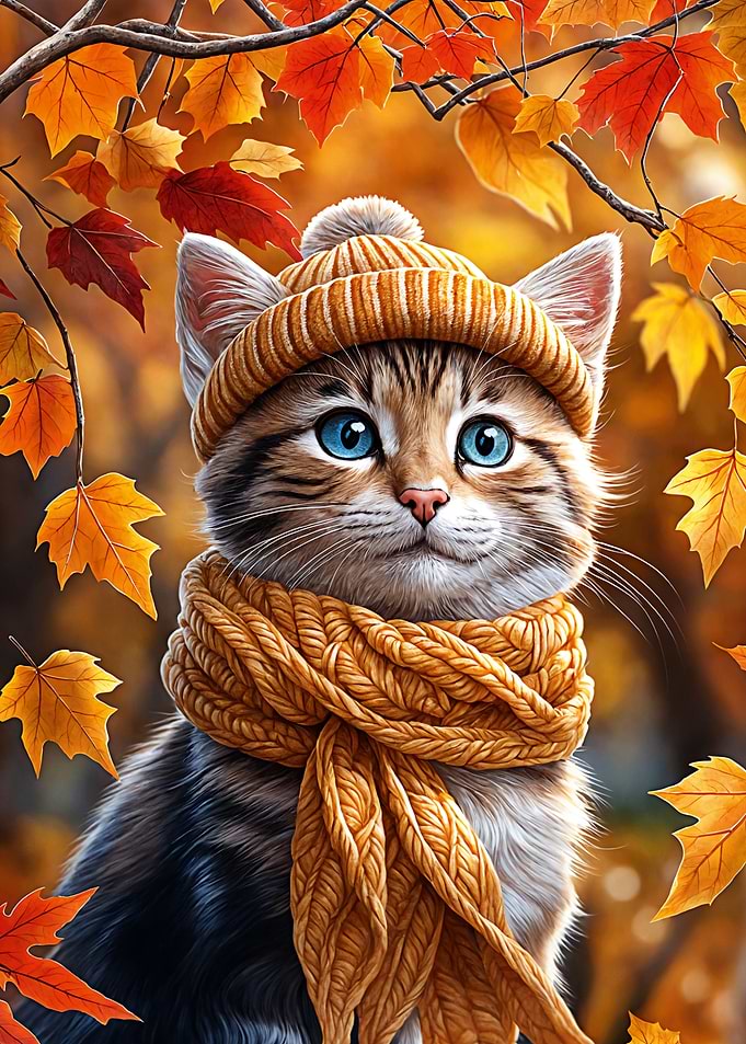 Autumn Cat in Hat and Scarf