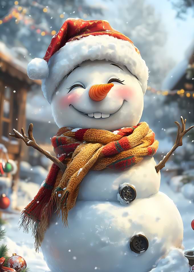 Smiling Snowman in Winter Christmas