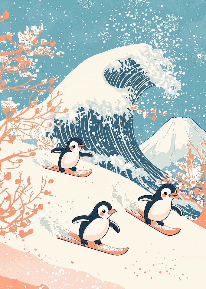 Penguins Surfing the Great Wave