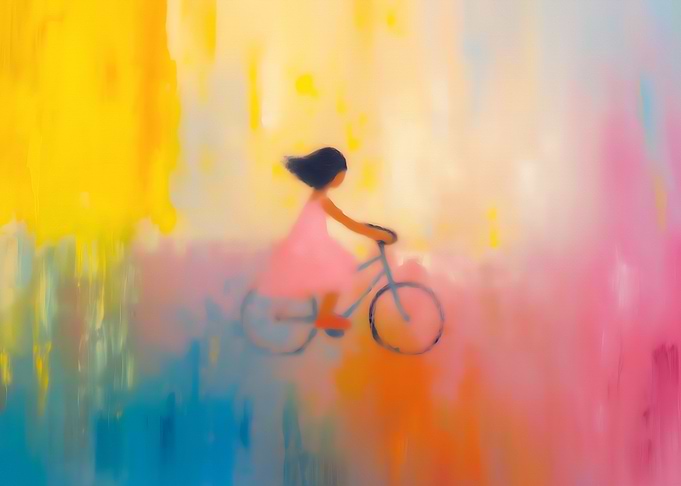 Girl Riding Bike in Watercolor