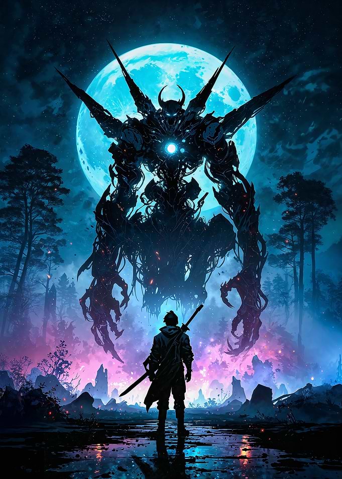 Giant Fantasy Anime Mech Warrior vs. Cyberpunk Samurai