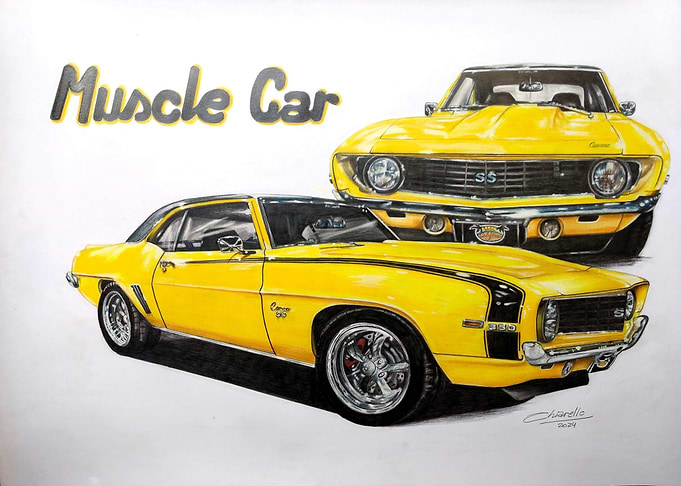 Yellow Camaro Muscle Car Drawing