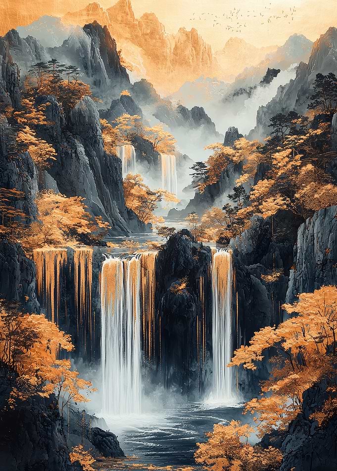 Golden Waterfall Landscape