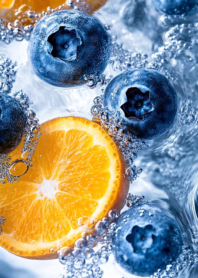 Orange and Blueberries in Water