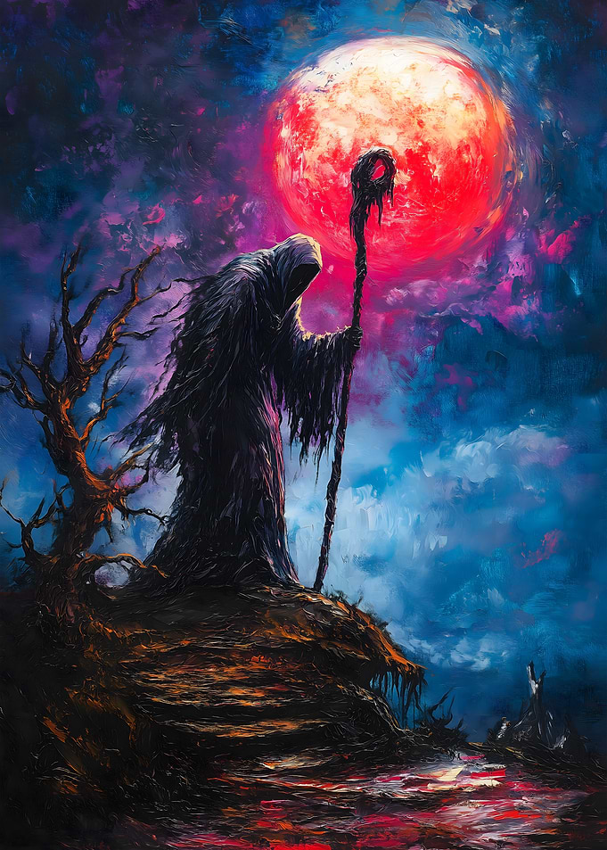 Dark Figure Under Blood Moon