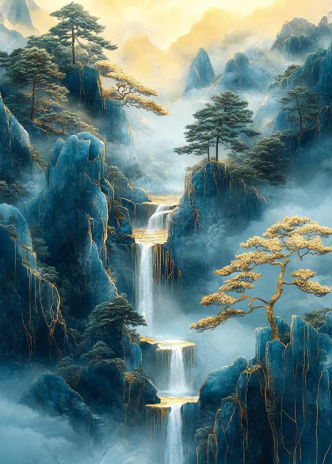 Golden Waterfall Landscape