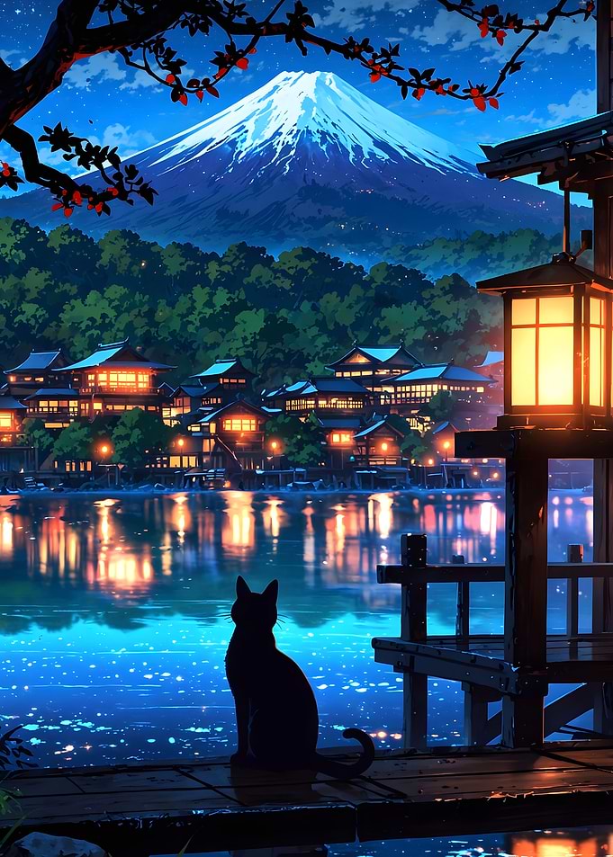 Japanese Night Scene with Cat