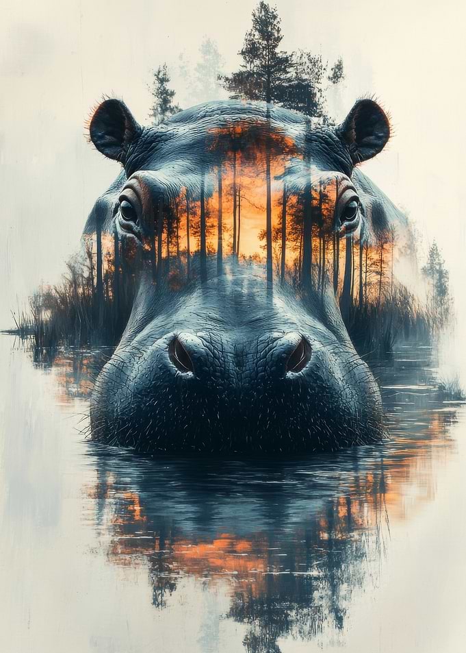 Hippopotamus Forest Double Exposure