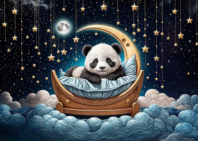Panda Sleeping on Crescent Moon